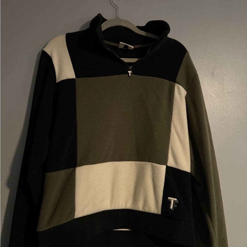 Teddy Fresh Black, White, and Olive Zip-Up Sweater
